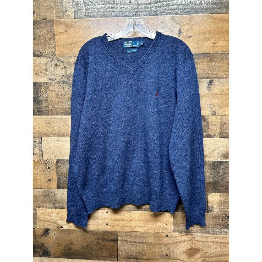 Polo‎ Ralph Lauren Men's XL Lambswool V-Neck Sweater Classic Fit Blue Red Logo